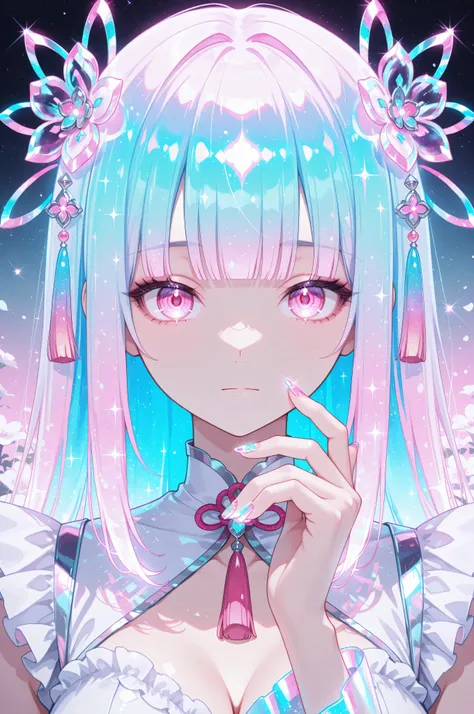 woman, solo, holofoil nails, looking at viewer, holographic, holofoil glitter, glowing, bangs, pink eyes, long hair, neon hair, glowing hair, hair ornament, hand up, flower, blunt bangs, closed mouth, tassel, ribbon, portrait, ethereal, pastel gradient bac...