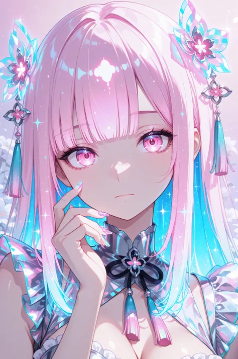 woman, solo, holofoil nails, looking at viewer, holographic, holofoil glitter, glowing, bangs, pink eyes, long hair, neon hair, glowing hair, hair ornament, hand up, flower, blunt bangs, closed mouth, tassel, ribbon, portrait, ethereal, pastel gradient bac...
