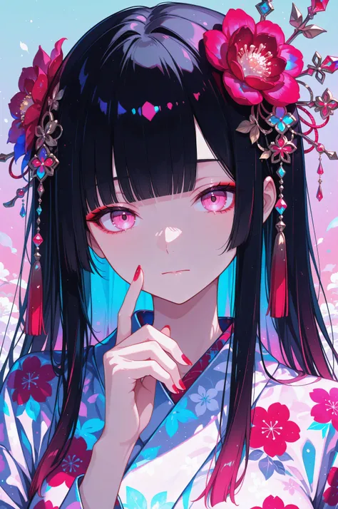 woman, solo, ethereal, crystal red nails, looking at viewer, bangs, pink eyes, long hair, black hair, hair ornament, hand up, flower, blunt bangs, closed mouth, tassel, ribbon, portrait, colorful, gradient background, floral yukata, multicolored hair, uppe...