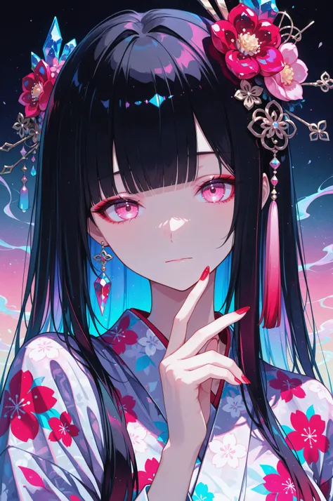 woman, solo, ethereal, crystal red nails, looking at viewer, bangs, pink eyes, long hair, black hair, hair ornament, hand up, flower, blunt bangs, closed mouth, tassel, ribbon, portrait, colorful, gradient background, floral yukata, multicolored hair, uppe...