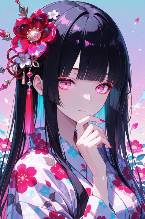 woman, solo, ethereal, crystal red nails, looking at viewer, bangs, pink eyes, long hair, black hair, hair ornament, hand up, flower, blunt bangs, closed mouth, tassel, ribbon, portrait, colorful, gradient background, floral yukata, multicolored hair, uppe...