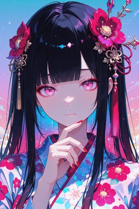 woman, solo, ethereal, crystal red nails, looking at viewer, bangs, pink eyes, long hair, black hair, hair ornament, hand up, flower, blunt bangs, closed mouth, tassel, ribbon, portrait, colorful, gradient background, floral yukata, multicolored hair, uppe...