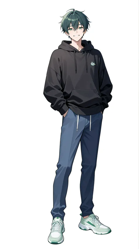 1 man、 youth、white background、standing、Smile Yan、dark green hair、pale green eyes、black hoodie、navy blue pants、 youth、Full Body