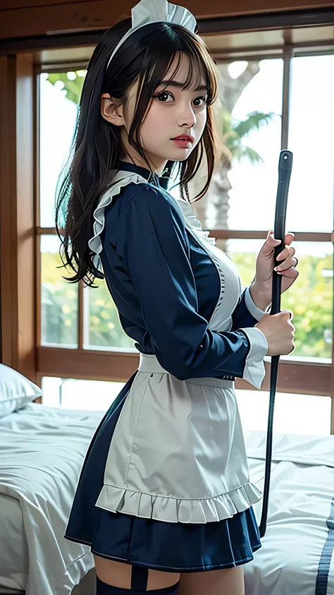 Original photo:1.2), masterpiece, In 8K, high resolution, (realistic:1.4), (( Standing in a bedroom with a side view :1.4))、((Model posing with a whip in hand:1.5))、((cowboy shot:1.4))、Dreamy Girl , very detailed目と顔, Beautifully detailed, realistic Face, h...