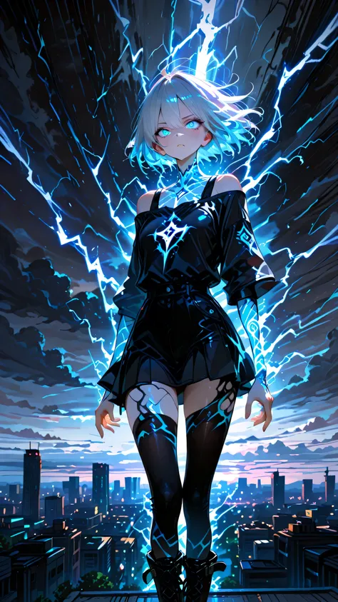 Masterpiece, high quality, ultra-detailed, a single girl, a girl of lightning, almond-shaped eyes, sharp features, cool, sky-blue eyes, electrified body, electrified hair, electrical discharge, off-shoulder shirt (black), black mini skirt, black and white ...
