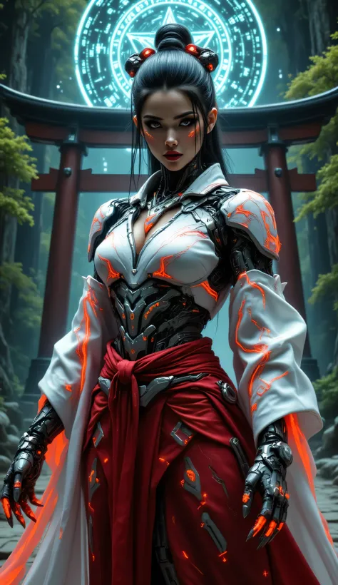 Set in a mystical, futuristic landscape where ancient Japanese spirituality intertwines with cutting-edge technology, the scene features a breathtakingly beautiful female cyborg miko embodying sensuous femininity. Her face is that of a stunning Japanese wo...