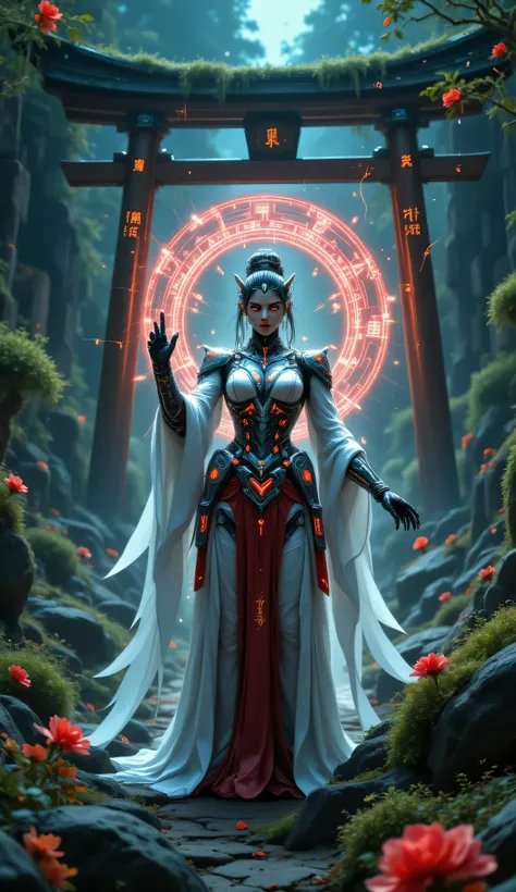 Set in a mystical, futuristic landscape where ancient Japanese spirituality intertwines with cutting-edge technology, the scene features a breathtakingly beautiful female cyborg miko embodying sensuous femininity. Her face is that of a stunning Japanese wo...
