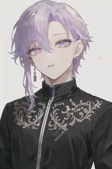 anime style image、purple eyes, purple eyes, light purple hair and a black jacket, Hajime Yatate, nagito komaeda, he is a man with dark gray hair, a man with light purple hair and a black jacket inspired by Okumura Togyu, danganronpa, kaworu nagisa, He has ...