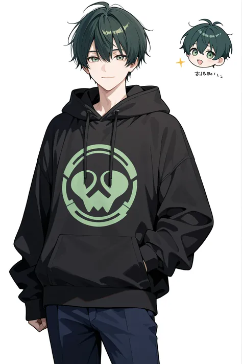 man, light smile, standing, looking at viewer, dark green hair, pale green eyes, black hoodie, navy blue pants, solid white background, full body shot
