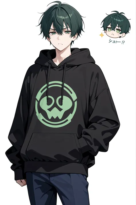 man, annoyed, standing, looking at viewer, dark green hair, pale green eyes, black hoodie, navy blue pants, solid white background, full body shot