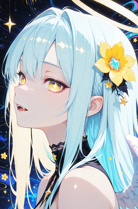masterpiece, best quality, gothic aesthetic, best detail, absurdres, angelic, close-up portrait, side view, Light golden Eyes, light blue long hair, smooth hair, yellow Flowers, vampire angel, star eyes, golden eyes, abstract, vampire fangs, halo, wings
