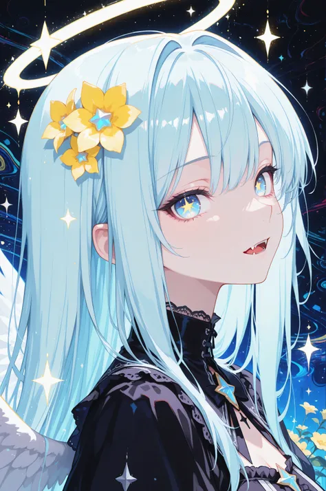 masterpiece, best quality, gothic aesthetic, best detail, absurdres, angelic, close-up portrait, side view, Light blue Eyes, light blue long hair, smooth hair, yellow Flowers, vampire angel, star eyes, golden eyes, abstract, vampire fangs, halo, wings