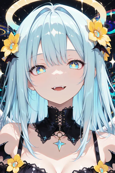 ((masterpiece, best quality)), gothic aesthetic, best detail, absurdres, angelic, close-up portrait, Light blue Eyes, light blue long hair, smooth hair, yellow Flowers, vampire angel, star eyes, golden eyes, abstract, vampire fangs, halo, wings