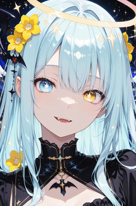 ((masterpiece, best quality)), gothic aesthetic, best detail, absurdres, angelic, close-up portrait, Light blue Eyes, light blue long hair, smooth hair, yellow Flowers, vampire angel, star eyes, golden eyes, abstract, vampire fangs, halo, wings