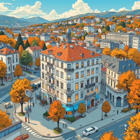 Ultra Detailed Paintings Inspired by Anime Characters ,cella di animazione, cella di animazioneの詳細,line art colorata, Grande palazzo che ha un angolo rientrante sul un lato che genera una corte urbana protetta, con negozi e alberi. urban city Civilization,...