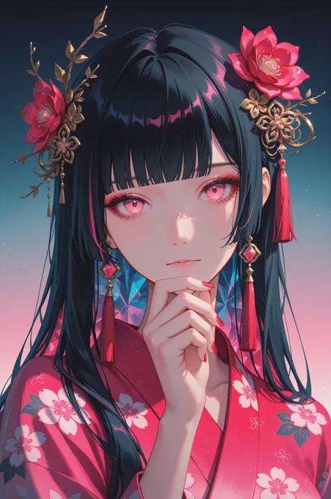 woman, solo, ethereal, crystal red nails, looking at viewer, bangs, pink eyes, long hair, black hair, hair ornament, hand up, flower, blunt bangs, closed mouth, tassel, ribbon, portrait, colorful, gradient background, floral yukata, multicolored hair, uppe...