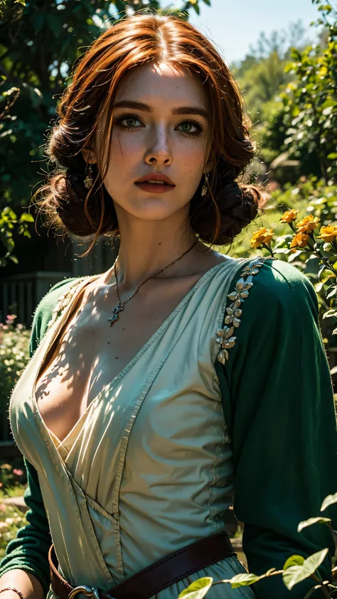 triss marigold, witcher the wild hunt, exploring stance, wondering looks in a garden, detailed portrait, beautiful woman, red hair, emerald eyes, green witch robe, mysterious expression, intrigued pose, lush garden, blooming flowers, sunlit ambiance, seren...