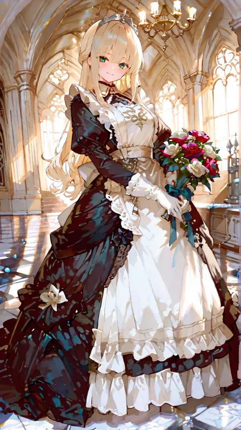top quality, masterpiece, perfect description, 1 girl, princess maid, Anime Style, graceful standing posture,  long blond waves , Tiara, adorable smile, Ruffled Maid Outfit, lace apron, white gloves, Fluffy Skirt, Rose Bouquet, Inside the luxurious castle,...