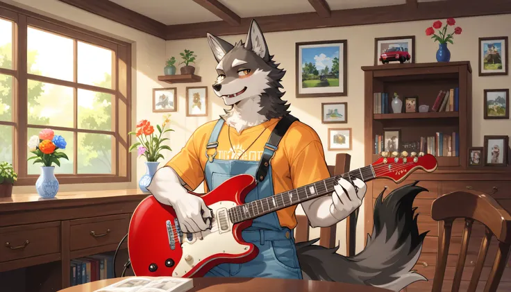 The image depicts a cozy room with a slanted ceiling, allowing sunlight to stream in through a large window. A wolf-like character, wearing minimal clothing, is seated on a chair playing a red electric guitar. The room is decorated with a variety of items,...