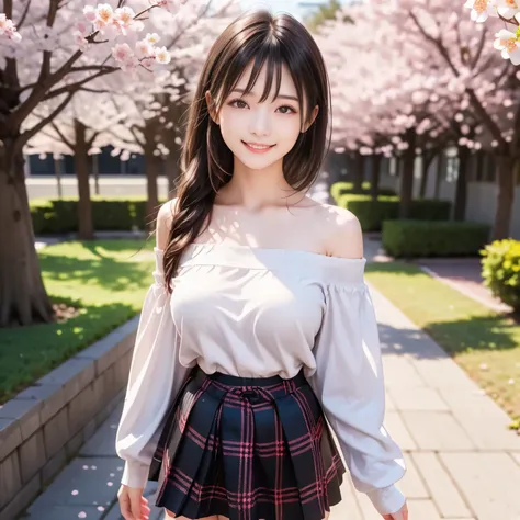 (masterpiece,best quality: 1.4),(8k,raw photo,photo realistic:1.2),shiny skin, detailed skin,detailed face,detailed eyes,Japanese idol,beautiful face,cherry blossom trees, under cherry blossom trees, one beautiful woman, beautiful Japanese woman, well-deve...
