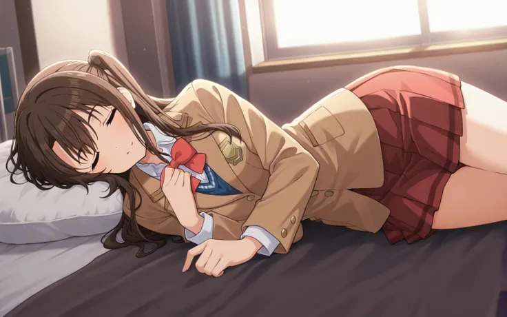 An image of Shimamura Suzuki, lying on a side bed , brown hair, long hair, one side up, school uniform, red bow tie, brown blazer   ,   red pleated skirt.  room 