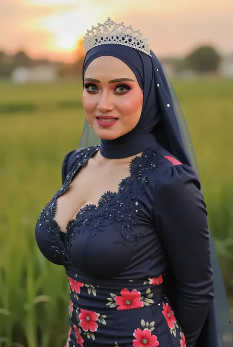 SMILE HIJAB Fat bbw Plumpers , Wearing hijab perfectly, Wearing Lace white Strapless Bra , ((wearing High Kain Batik Sarong)),  view from the front,  both hands lying behind back, background rice paddy. twilight is red atmosphere, FRONT IMAGE, red lips 👄 (...