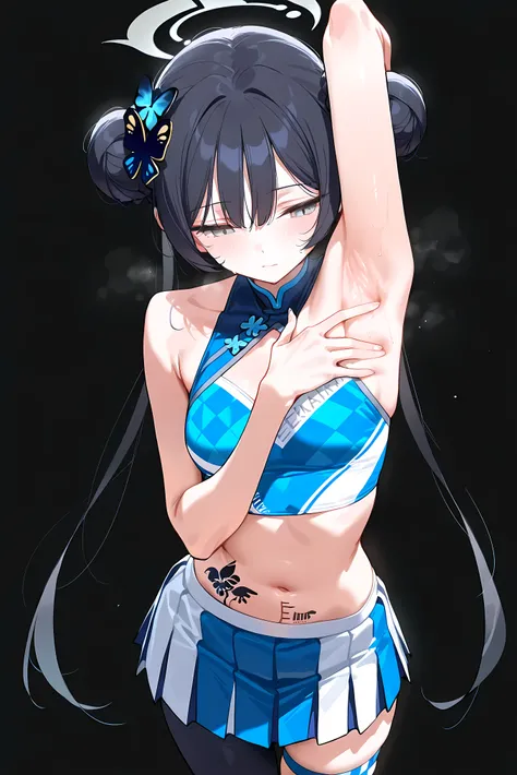 score_9, score_8_up, score_7_up, masterpiece, best quality, very aesthetic, absurdres, tunning image, attractive image, 1girl, adult grown woman, solo, kisaki \(blue archive\), grey eyes, black hair, double bun, twintails, halo, small breasts, masterpiece,...