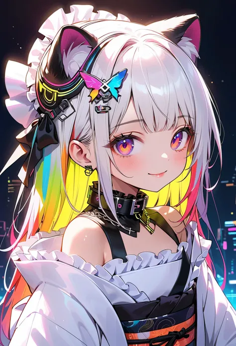  cute young girls , best details, cute face,cute smile、 Beautiful appearance,  ((Shiny milky white hair)) 、beautiful attention to detail,(((Cyberpunk and kimono fusion)))、((neonカラーパレット)), ((neonカラースターチョーカー)), ((Ruffles on the collar  )), ((wear a cute cybe...