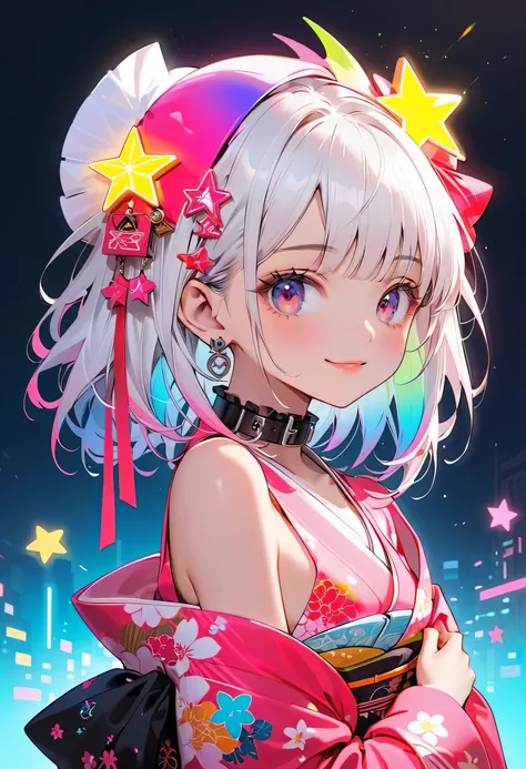  cute young girls , best details, cute face,cute smile、 Beautiful appearance,  ((Shiny milky white hair)) 、beautiful attention to detail,(((Cyberpunk and kimono fusion)))、((neonカラーパレット)), ((neonカラースターチョーカー)), ((Ruffles on the collar  )), ((wear a cute cybe...