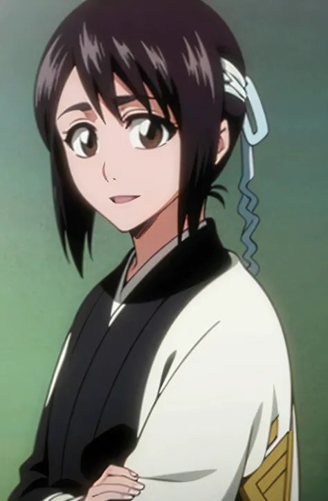 Masterpiece, top quality , one girl from the side , romantic love , black hair, single ,Straight long hair, brown eyes, kimono, white sleeveless coat ,Captain's coat without white sleeves, black kimono , smile, alone, I'm looking for , simple background ,