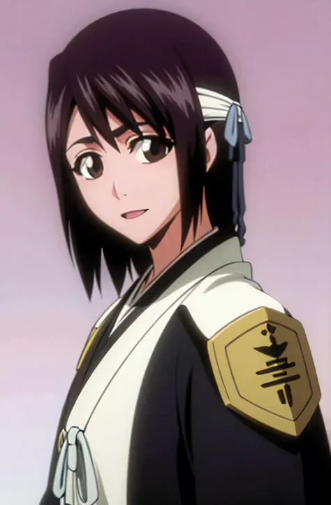 Masterpiece, top quality , one girl from the side , romantic love , black hair, single ,Straight long hair, brown eyes, kimono, white sleeveless coat ,Captain's coat without white sleeves, black kimono , smile, alone, I'm looking for , simple background ,