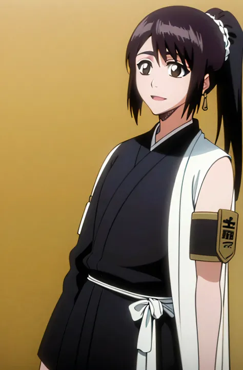 Masterpiece, top quality , one girl from the side , romantic love , black hair, single ,ponytail, brown eyes, kimono, white sleeveless coat ,Captain's coat without white sleeves, black kimono , smile, alone, I'm looking for , simple background ,