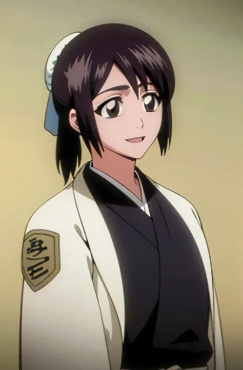 Masterpiece, top quality , one girl from the side , romantic love , black hair, single ,ponytail, brown eyes, kimono, white sleeveless coat ,Captain's coat without white sleeves, black kimono , smile, alone, I'm looking for , simple background ,