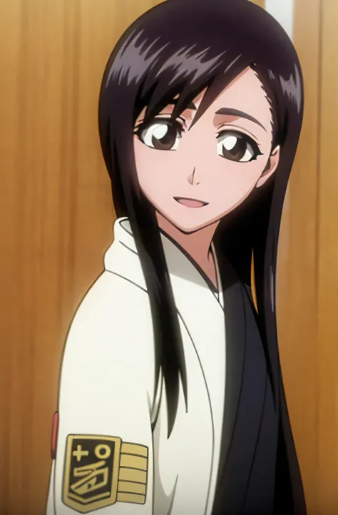 Masterpiece, top quality , one girl from the side , romantic love , black hair, single ,straight long hair, brown eyes, kimono, white sleeveless coat ,Captain's coat without white sleeves, black kimono , smile, alone, I'm looking for , simple background ,