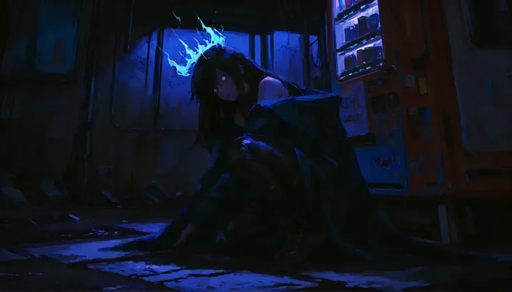 (1girl:1.3), no cat features, human, normal ears, realistic physique, black hair, long hair soaked by rain, red glowing spiral pupils, pale skin, glowing detailed eyes, intense facial expression — firm, furious, tired of it all. She wears a dark oversized ...
