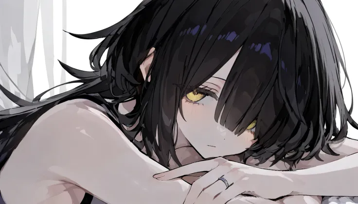 super fine illustration,748cmstyle,1girl,hair over one eyes,black hair,yellow eyes,