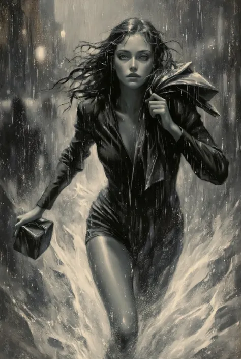 A beautiful girl running wet in a fierce squall、Hide your head in a small bag、It has a very happy expression、 My long hair is wet 、It's raining but the sunshine is shining、Beautiful scenery after the rain, very detailed, A masterpiece of style by Anders Z...