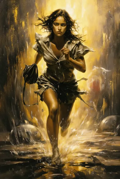 Picture of a beautiful beautiful girl running while getting drenched in a fierce squall、long shot、Hide your head in a small bag、It has a very happy expression、 My long hair is wet 、It's raining but the sunshine is shining、Beautiful scenery after the rain, ...