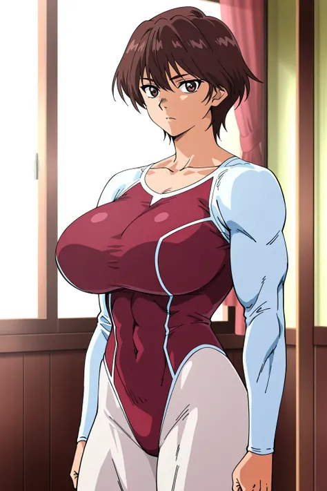 score 9 , score 8 up, score 7 up, source anime, 傑作, best quality, best imagequality, best resolution, anime coloring, 1woman, Close-up of a woman with short brown hair, muscular and strong, brown eyed woman, solo, huge breasts, strong muscles, very large b...