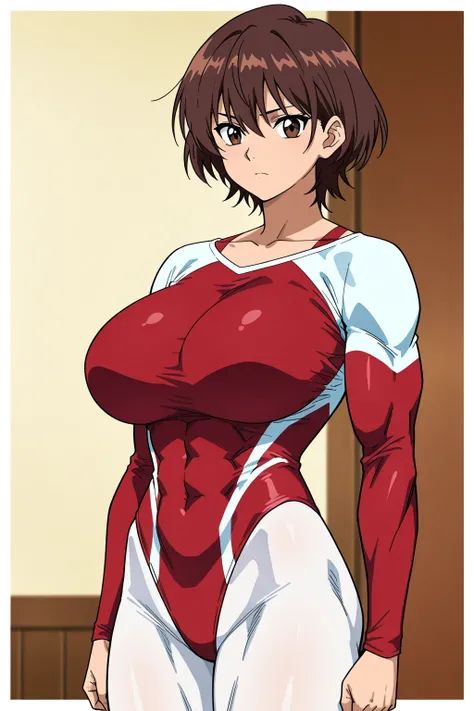 score 9 , score 8 up, score 7 up, source anime, 傑作, best quality, best imagequality, best resolution, anime coloring, 1woman, Close-up of a woman with short brown hair, muscular and strong, brown eyed woman, solo, huge breasts, strong muscles, very large b...