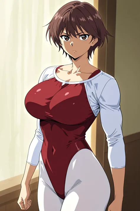 score 9 , score 8 up, score 7 up, source anime, 傑作, best quality, best imagequality, best resolution, anime coloring, 1woman, Close-up of a woman with short brown hair, muscular and strong, brown eyed woman, solo, huge breasts, strong muscles, very large b...
