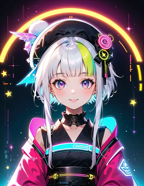 Face in front of the viewer、with a 25-year-old Chinese emperor、Cute Smiles、 cute young girls , best details, cute face,cute smile、 Beautiful appearance, ((Shiny milky white hair,unique and cute hairstyle)) 、beautiful attention to detail,(((Cyberpunk and ki...