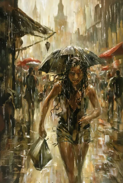 A beautiful girl running wet in a fierce squall、Hide your head in a small bag、It has a very happy expression、 My long hair is wet 、It's raining but the sunshine is shining、Beautiful scenery after the rain, very detailed, A masterpiece of style by Anders Z...