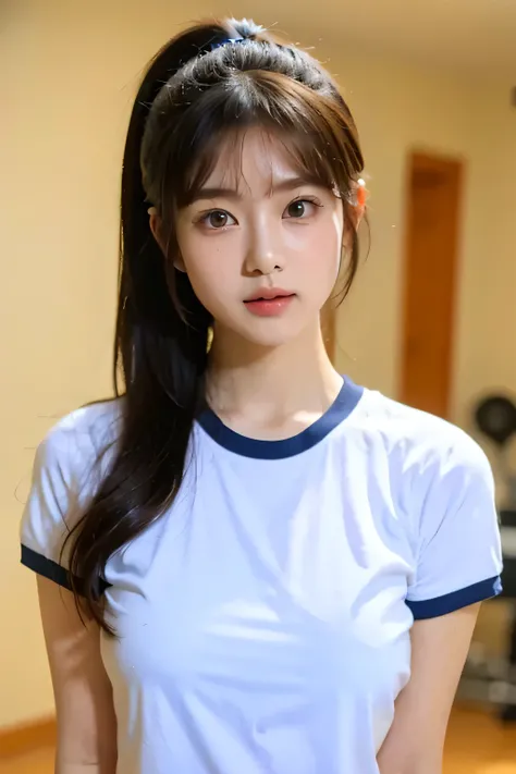 (realistic pale skin),
((cute japanese girl、Beautiful Japanese Girl、1 girl、I'm wearing white and blue gym clothes、Age 19、ponytail、Highly Detailed Faceと肌のテクスチャ、Sophistication、Highly Detailed Face、Highly detailed eyes、 Lee Hong 、blush、cheek、Pink painted chee...