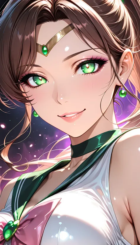 1 woman with glowing green hair, solo, sailor Jupiter, (sailor Jupiter costumes),  beautiful expression , kind smile, attractive eyes, glossy skin, Graceful Behavior, Fine Gloss, parted 唇, brown hair, ponytail, blush, portrait, face focus, bust shot on rig...
