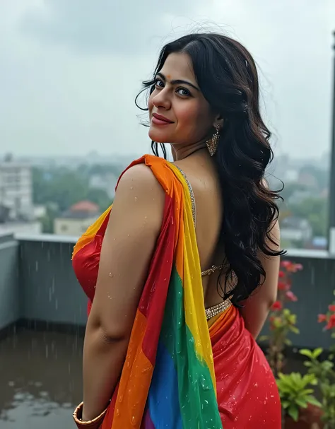 A sultry afternoon on a rooftop, topless,rainbow color bikini saree,full breast showing,perfect nipples ,perfect hand and fingers,NSFW,as the rain pours down, a stunning semi curvy bhabhi stands out against the cloudy sky. Her wet skin glistens in the mist...