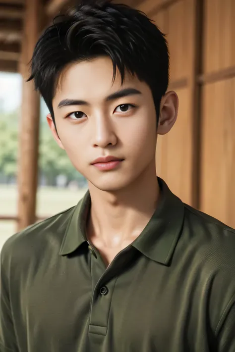  male、Japanese、handsome、 short hair、 facing the front、 green polo shirt、fashion model