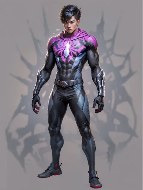 A young Asian male superhero with a sharp black wolfcut hairstyle — layered, tousled, and slightly messy with straight fringe and side texture. He is unmasked, revealing smooth skin, intense eyes, and a calm, focused expression. He wears a sleek, futuristi...