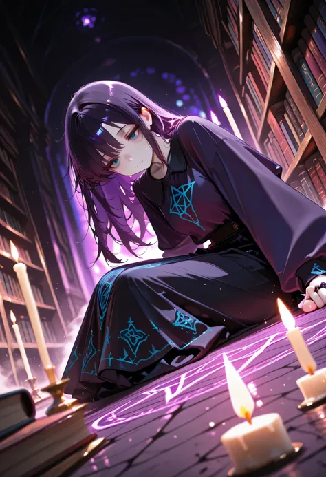 masterpiece, best quality, very aesthetic, absurdres, stylized, newest, depth of field, HDR, high contrast, sharp focus, 8k resolution, 1girl, solo, perspective is slightly angled creating a sense of depth, short, shoulder-length fluffy black hair, dark pu...