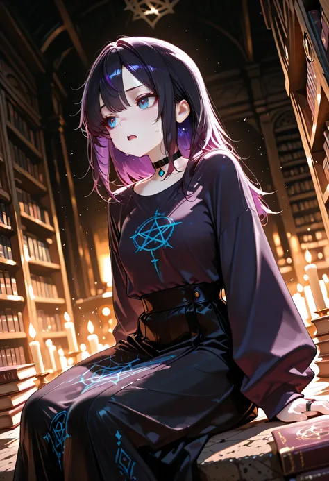 masterpiece, best quality, very aesthetic, absurdres, stylized, newest, depth of field, HDR, high contrast, sharp focus, 8k resolution, 1girl, solo, perspective is slightly angled creating a sense of depth, short, shoulder-length fluffy black hair, dark pu...